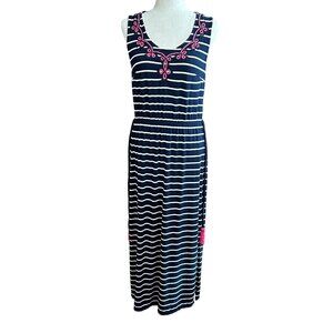 Talbots Dress Women M Petite Navy Blue White Striped Pink Embroidered Maxi Dress